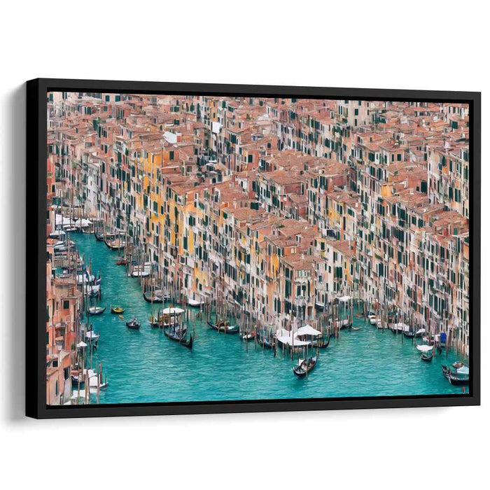 Gondolas Glide Below: Aerial View of Venice's Vibrant Waterways