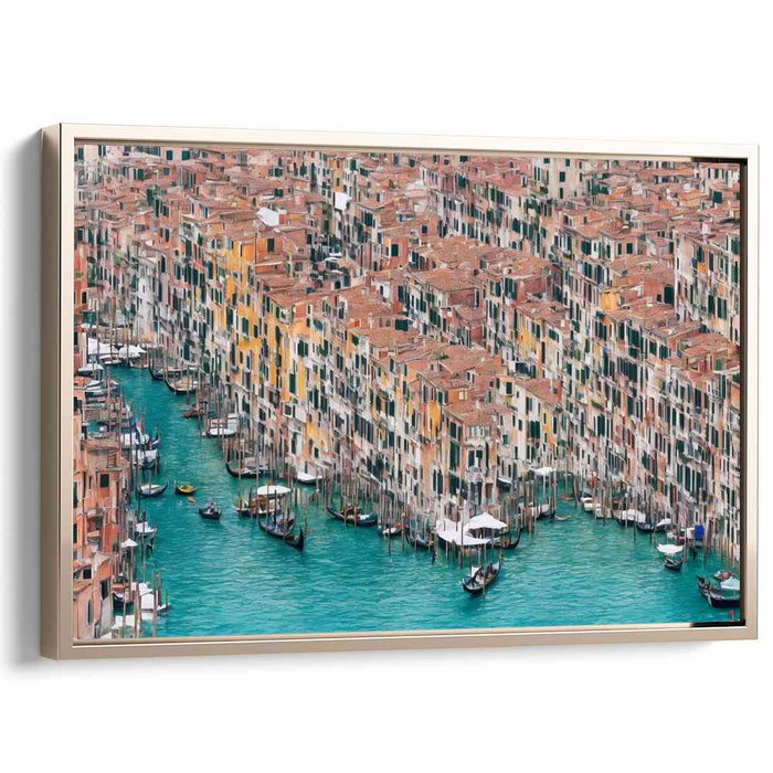 Gondolas Glide Below: Aerial View of Venice's Vibrant Waterways