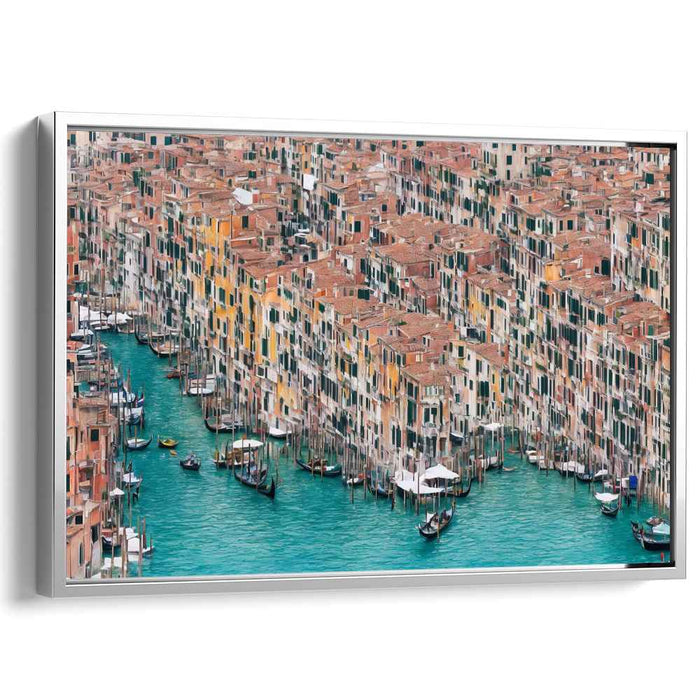 Gondolas Glide Below: Aerial View of Venice's Vibrant Waterways