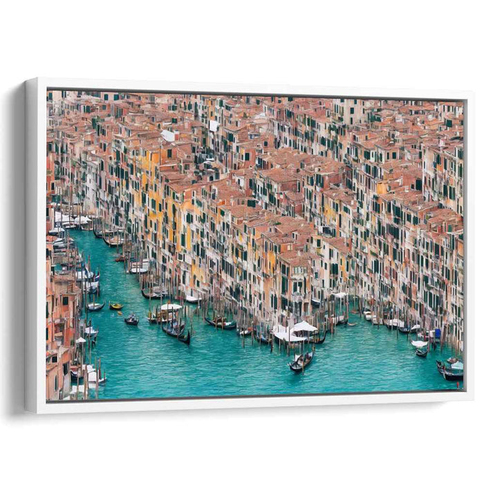 Gondolas Glide Below: Aerial View of Venice's Vibrant Waterways