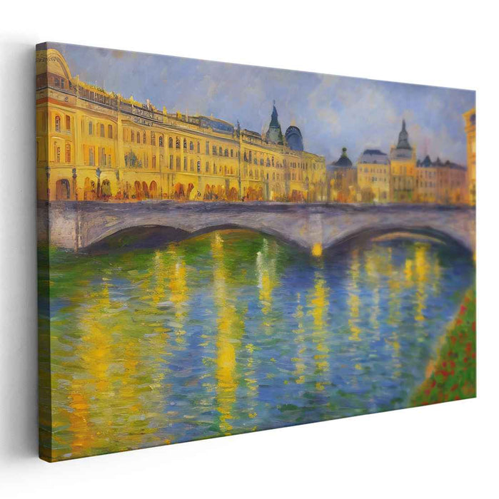 Twilight Reflections Over River: Impressionist Cityscape with Illuminated Bridge