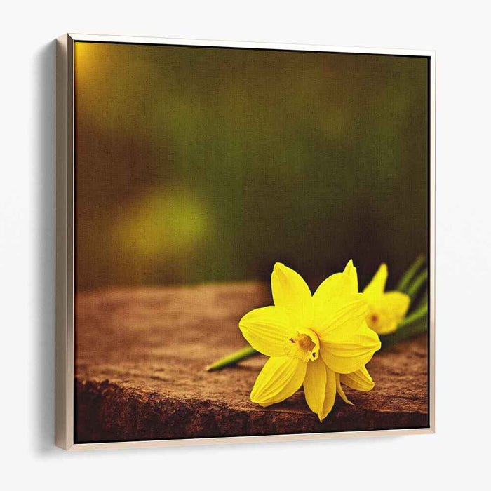 Sunlit Memories: Realistic Yellow Daffodils on Rustic Wood Canvas Art Print
