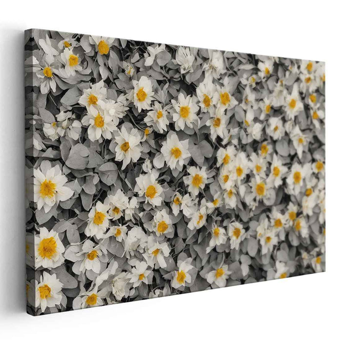 Monochrome Whispers with Blooming Hues: Monochrome Foliage with Vibrant Floral Accents Canvas Art Print