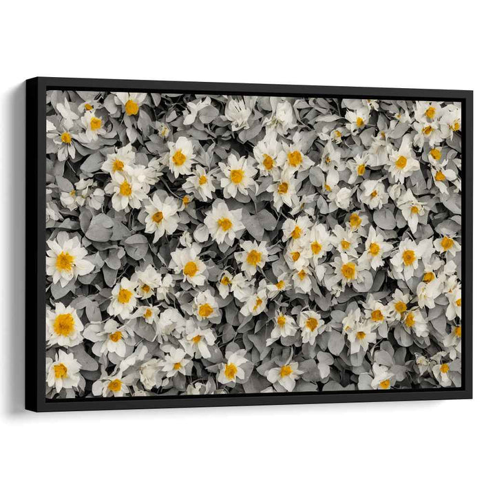 Monochrome Whispers with Blooming Hues: Monochrome Foliage with Vibrant Floral Accents Canvas Art Print