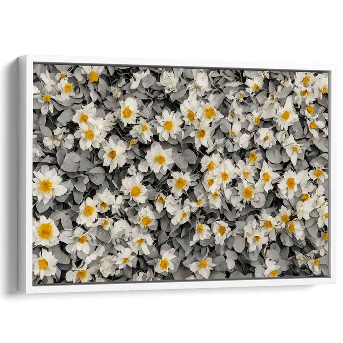 Monochrome Whispers with Blooming Hues: Monochrome Foliage with Vibrant Floral Accents Canvas Art Print