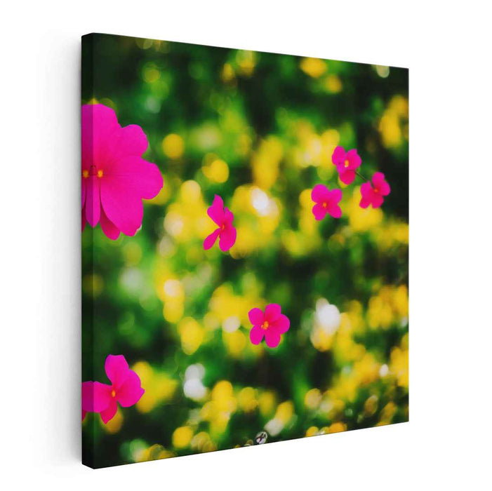 Whispering Meadows Dance: Vivid Pink Flowers in a Dreamy Green Bokeh Canvas Art Print