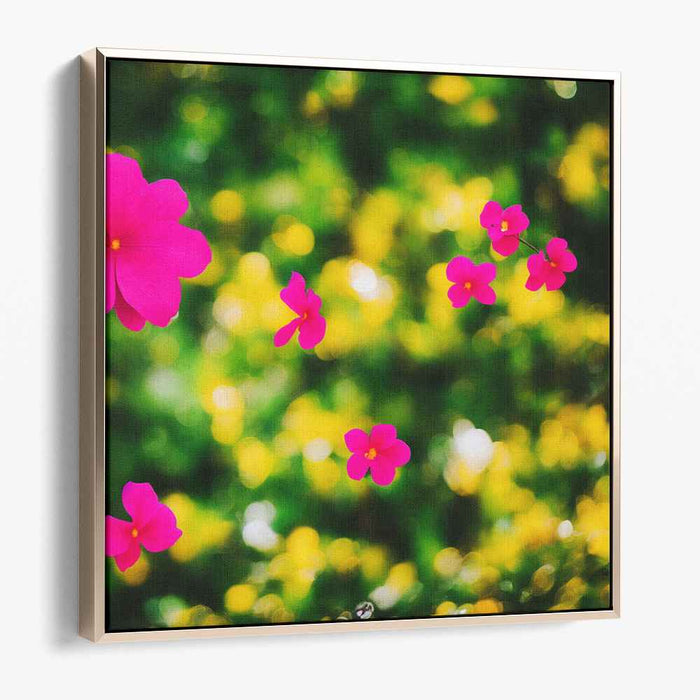 Whispering Meadows Dance: Vivid Pink Flowers in a Dreamy Green Bokeh Canvas Art Print