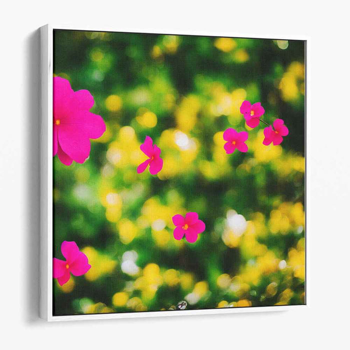 Whispering Meadows Dance: Vivid Pink Flowers in a Dreamy Green Bokeh Canvas Art Print