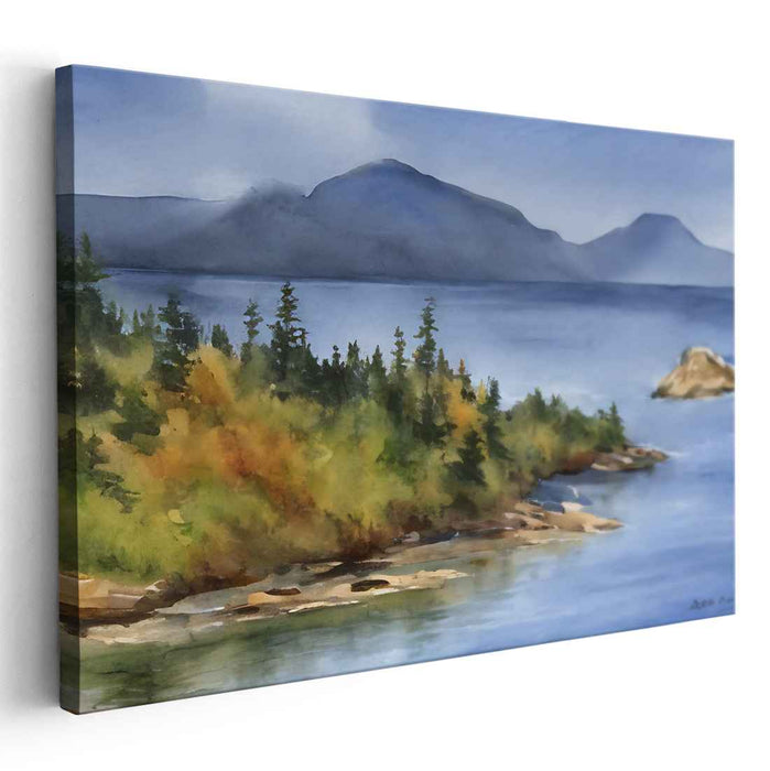 Falling Leaves' Embrace: Watercolor Landscape with Autumn Foliage and Majestic Mountains