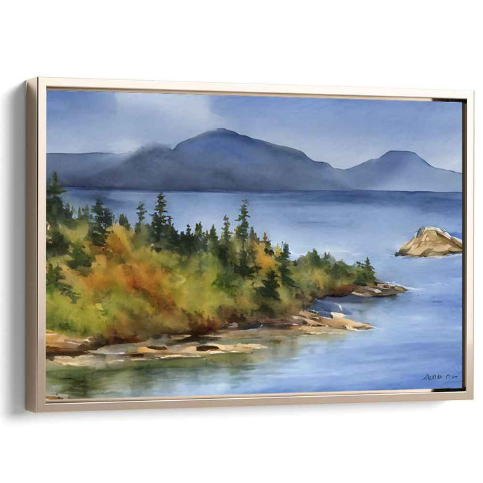 Falling Leaves' Embrace: Watercolor Landscape with Autumn Foliage and Majestic Mountains