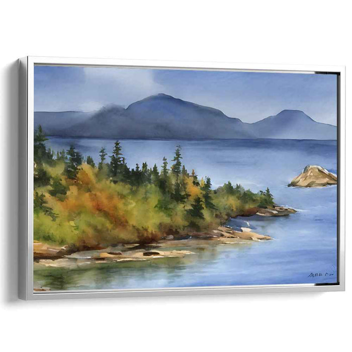 Falling Leaves' Embrace: Watercolor Landscape with Autumn Foliage and Majestic Mountains