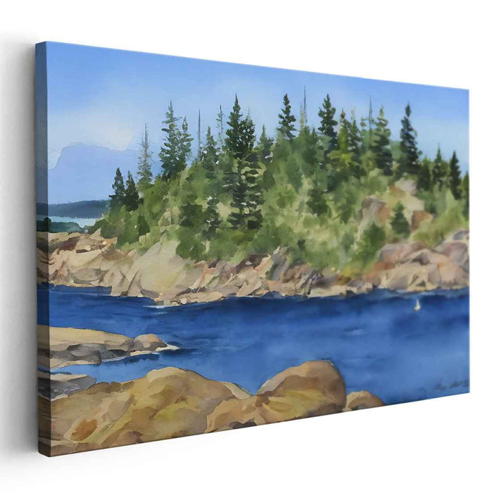Serene Forested Island: Tranquil Blue Waters Watercolor Landscape