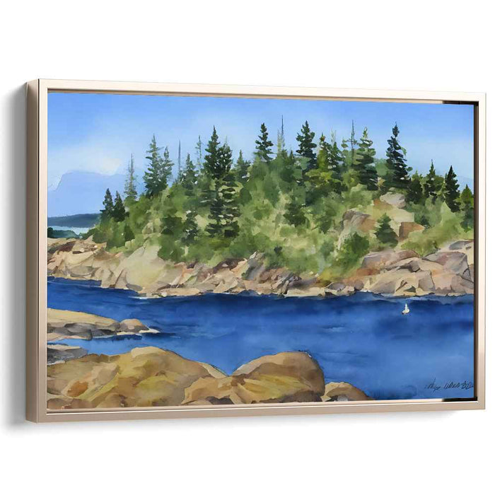 Serene Forested Island: Tranquil Blue Waters Watercolor Landscape