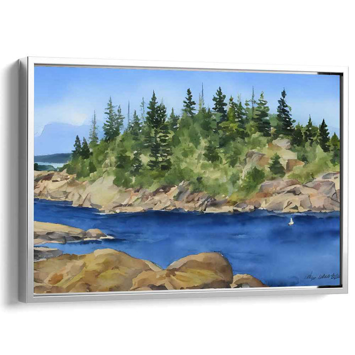 Serene Forested Island: Tranquil Blue Waters Watercolor Landscape