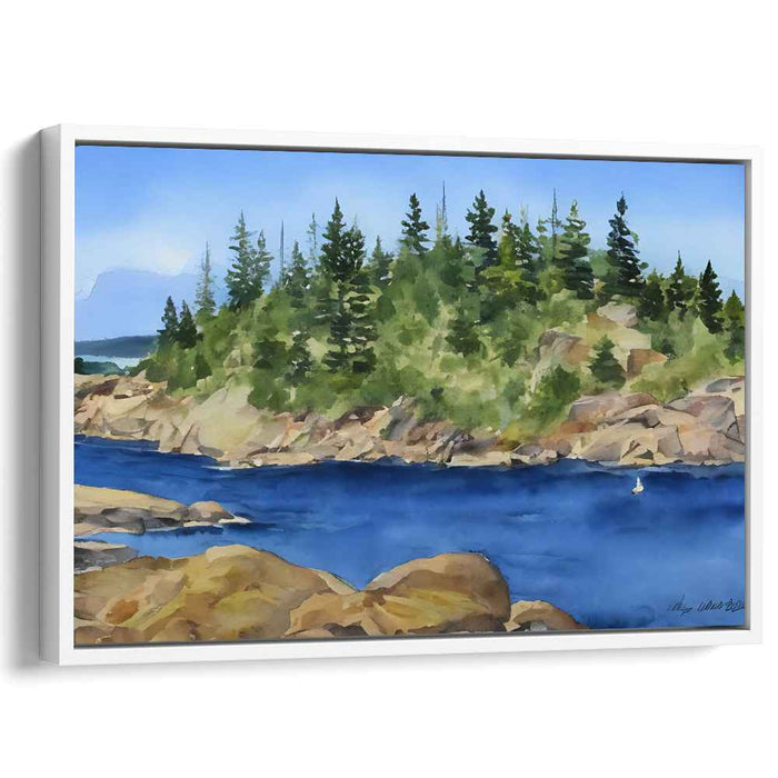 Serene Forested Island: Tranquil Blue Waters Watercolor Landscape