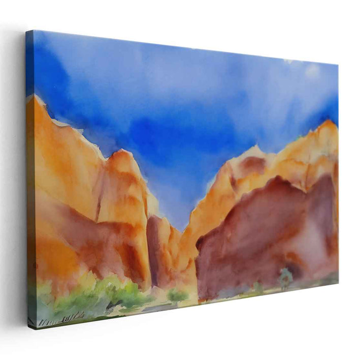 Azure Skies Over Majestic Canyon: Watercolor Landscape Canvas Art Print