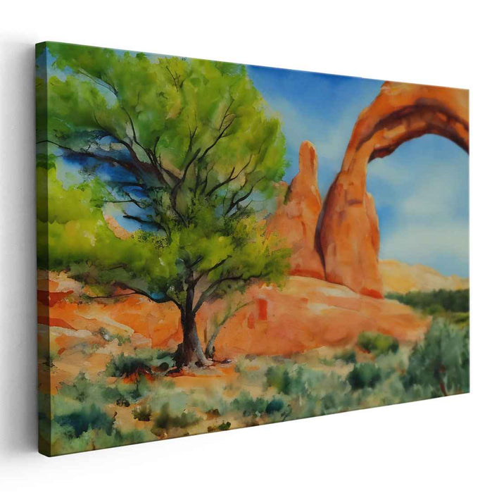 Whispering Arcadia: Watercolor Landscape of Natural Arch and Tree