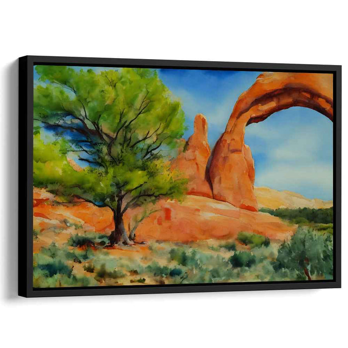 Whispering Arcadia: Watercolor Landscape of Natural Arch and Tree