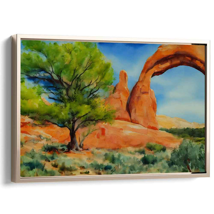 Whispering Arcadia: Watercolor Landscape of Natural Arch and Tree