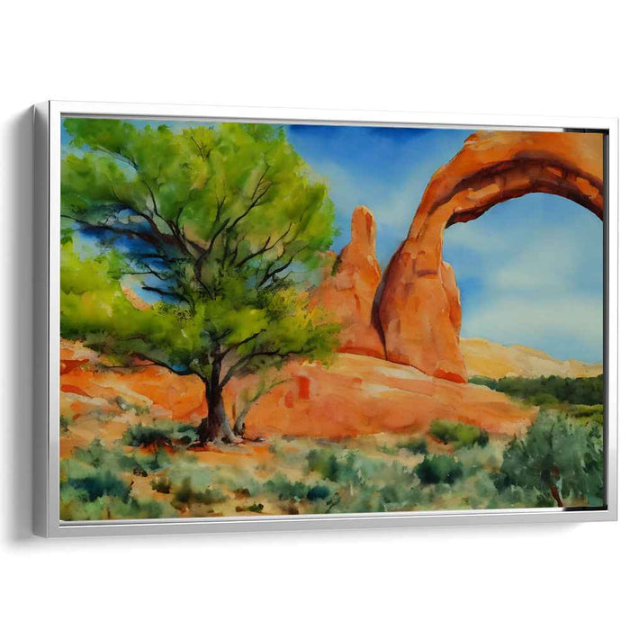 Whispering Arcadia: Watercolor Landscape of Natural Arch and Tree