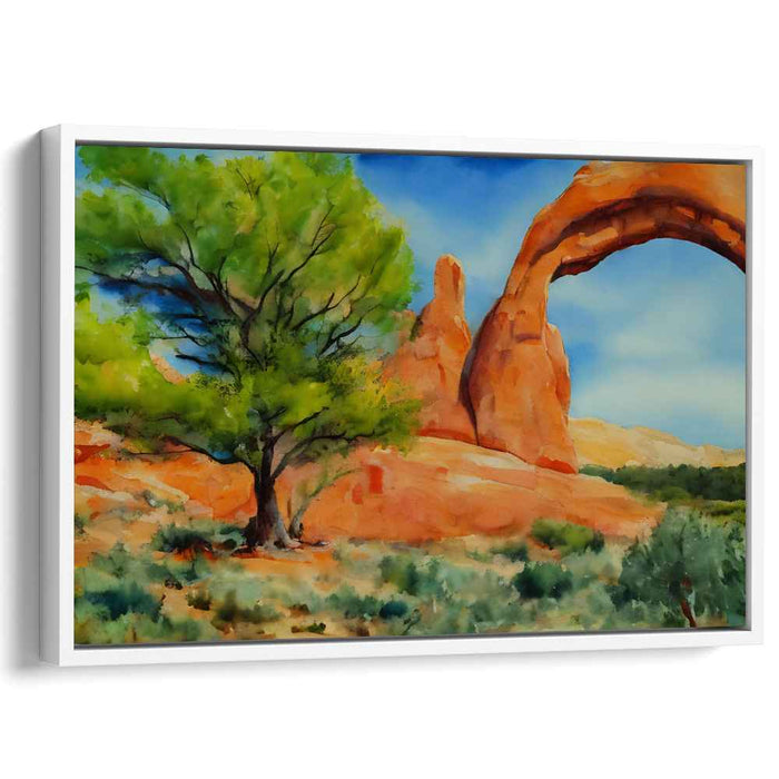 Whispering Arcadia: Watercolor Landscape of Natural Arch and Tree