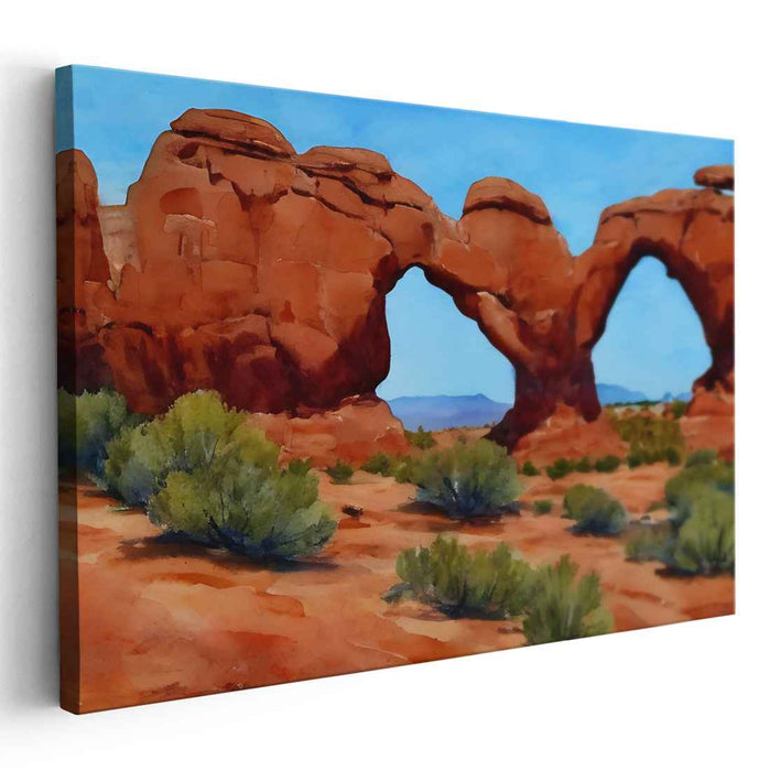 Vermillion Echoes Whispering Shadows: Realistic Red Rock Arches Landscape Canvas Art