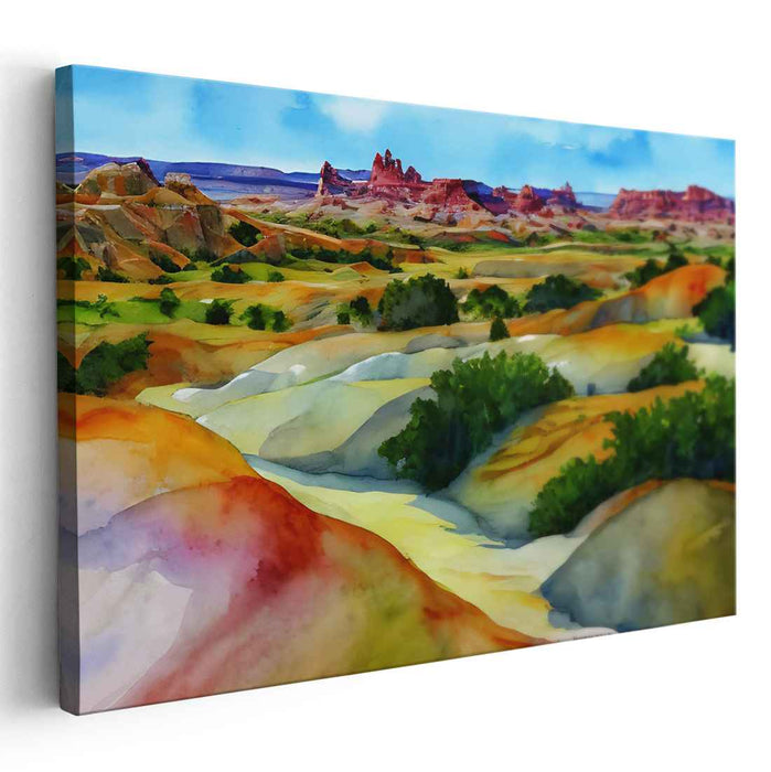 Desert Mirage Quest: Watercolor Panorama of a Western Landscape Canvas Art
