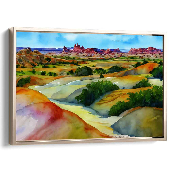 Desert Mirage Quest: Watercolor Panorama of a Western Landscape Canvas Art
