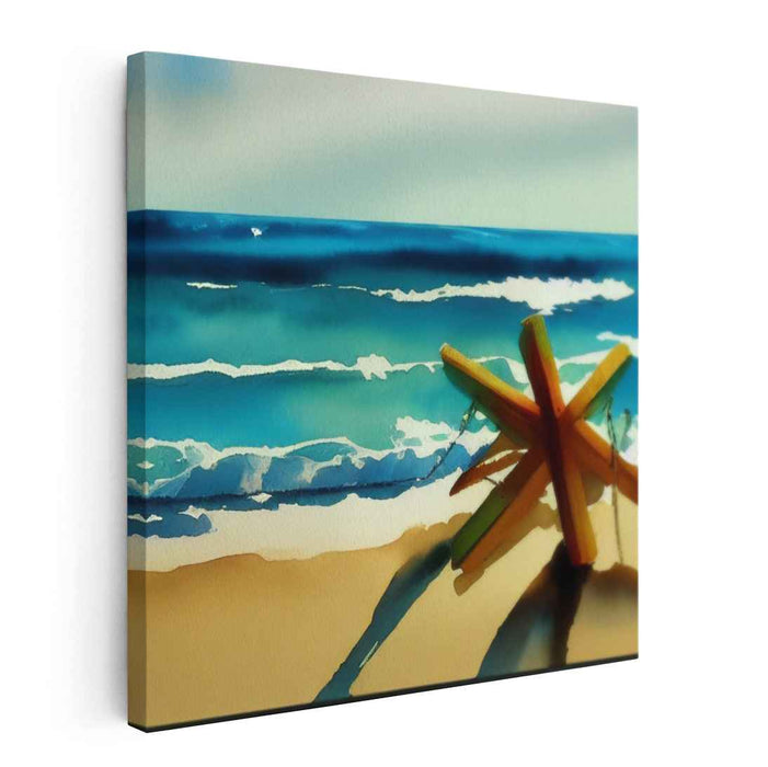 Whispering Starfish Serenade: Vibrant Wooden Starfish on a Tranquil Beach Canvas Art Print