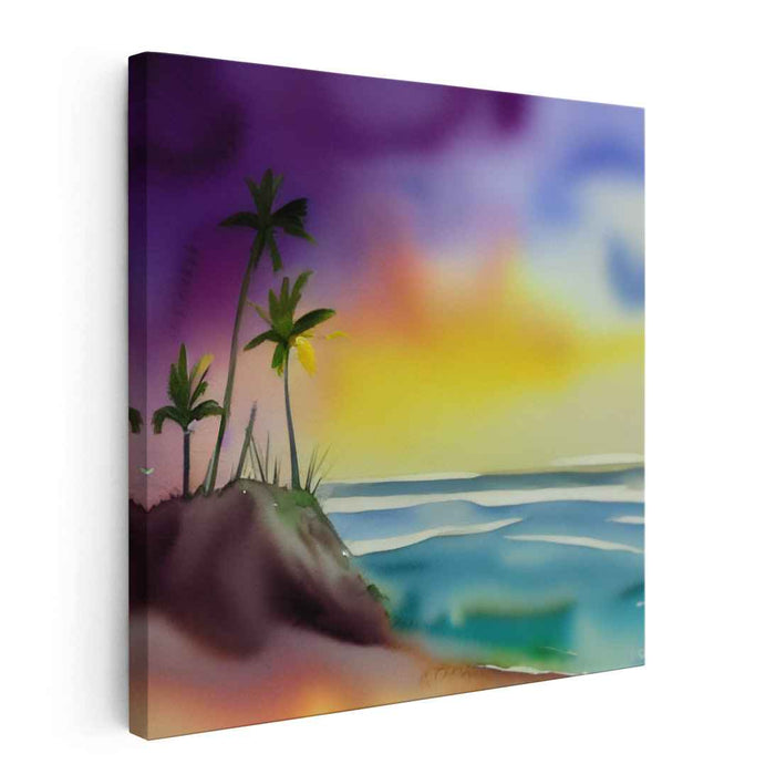 Sunset Mirage Isle: Watercolor Island Sunset Canvas Art Print