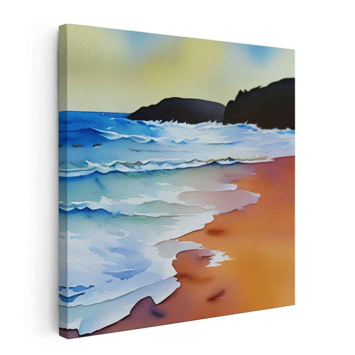Tranquil Coastal Dawn: Serene Watercolor Beach Scene Canvas Art Print