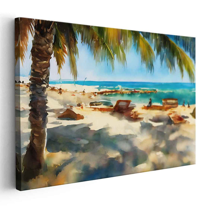 Beach Breezes Dance: Impressionist Tropical Beach Watercolor Canvas Art Print