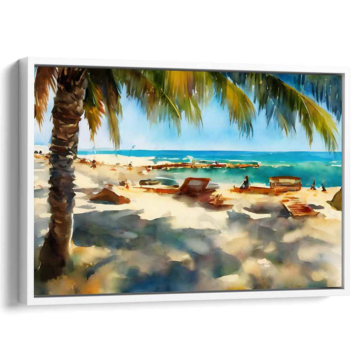 Beach Breezes Dance: Impressionist Tropical Beach Watercolor Canvas Art Print