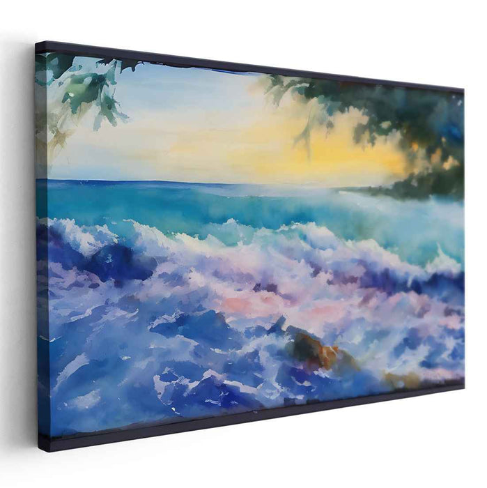 Twilight Sea Glow: Luminous Ocean Sunset Watercolor Canvas Art
