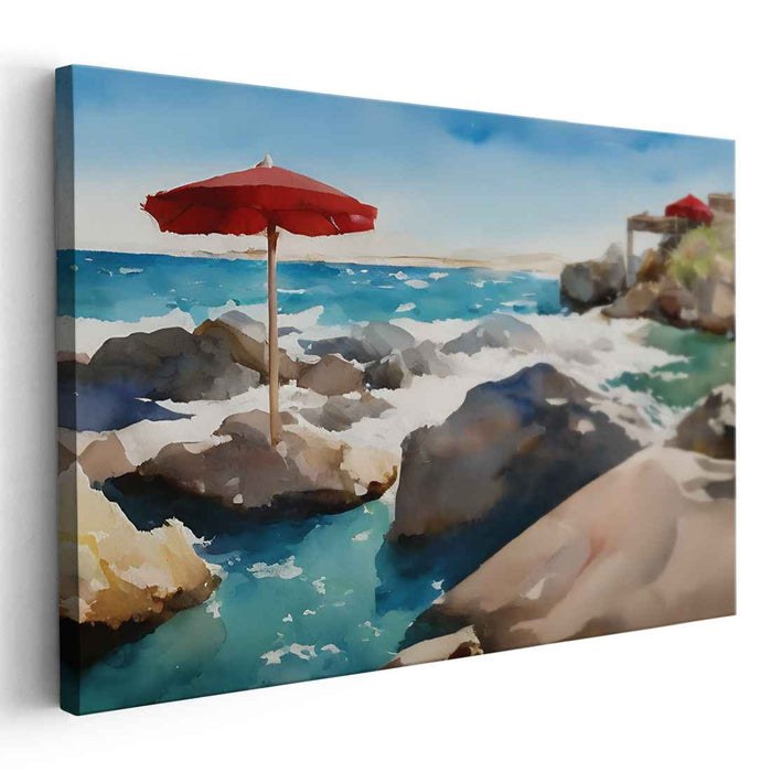 Crimson Shorelines Beckon Serenity: Mediterranean Seascape with Red Umbrella