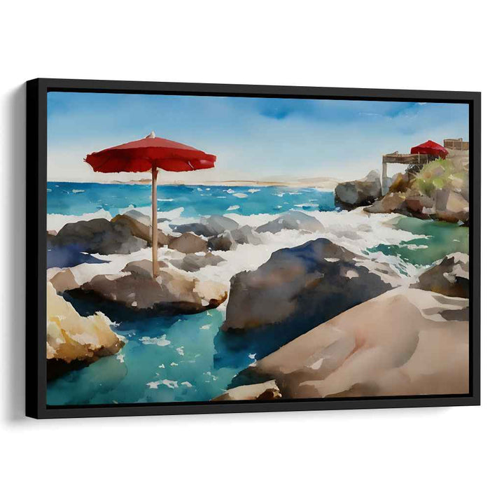 Crimson Shorelines Beckon Serenity: Mediterranean Seascape with Red Umbrella