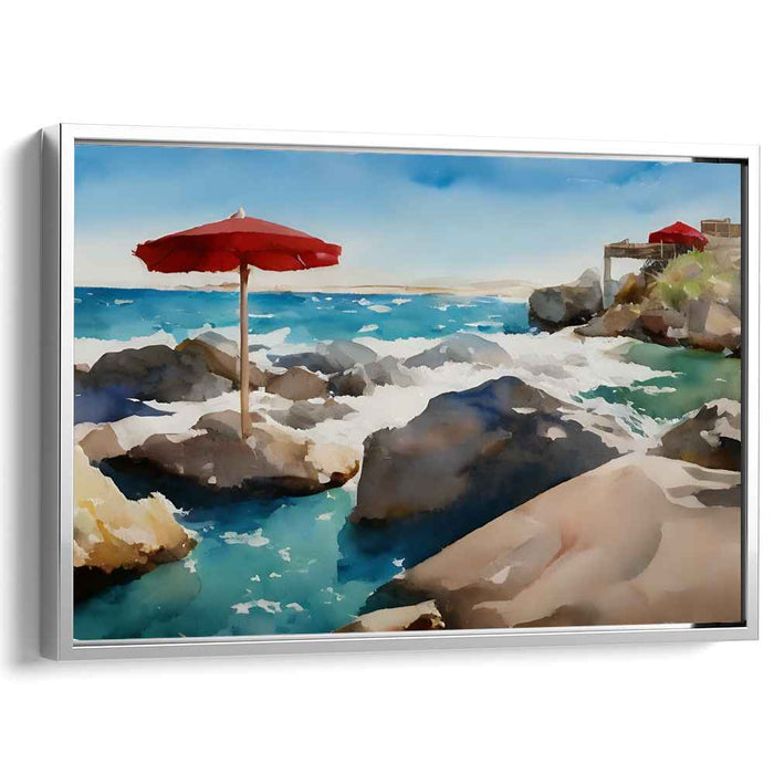 Crimson Shorelines Beckon Serenity: Mediterranean Seascape with Red Umbrella
