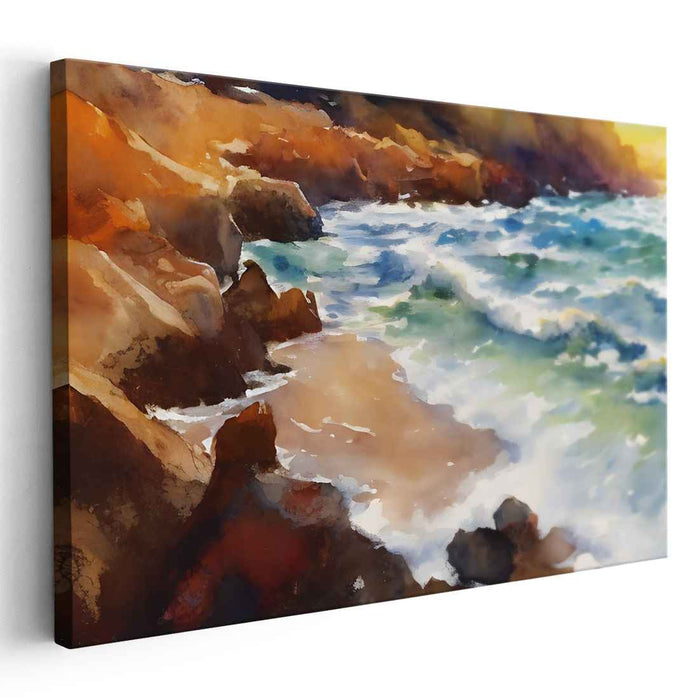 Rocky Coastline Serenity: Impressionist Seascape Canvas Art Print