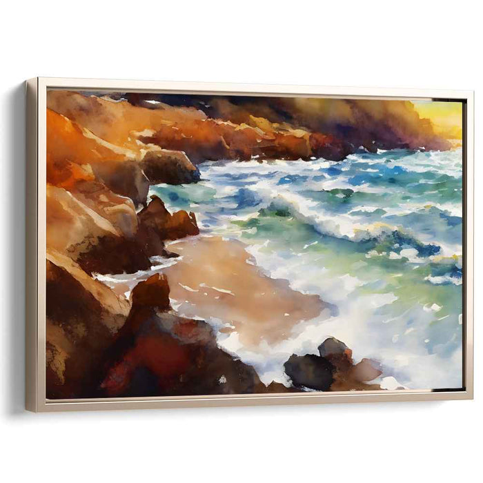 Rocky Coastline Serenity: Impressionist Seascape Canvas Art Print