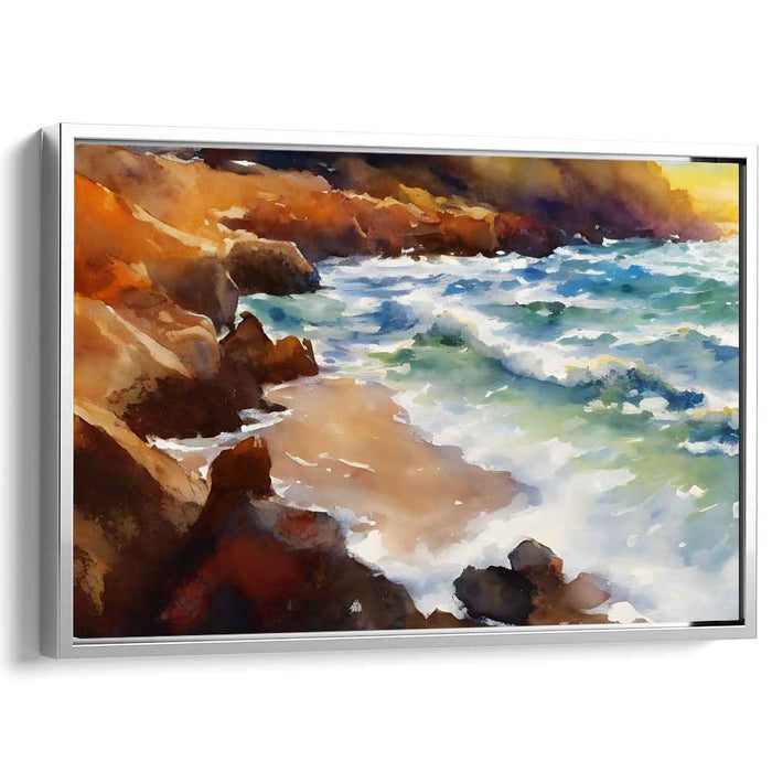 Rocky Coastline Serenity: Impressionist Seascape Canvas Art Print