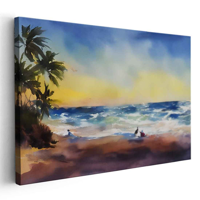 Serene Sunset Shores: Tranquil Beach Watercolor Art Print