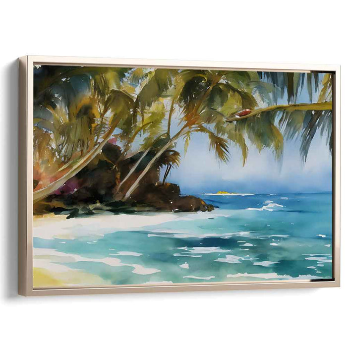 Verdant Coastline Serenity: Lush Palm Beach Watercolor Landscape