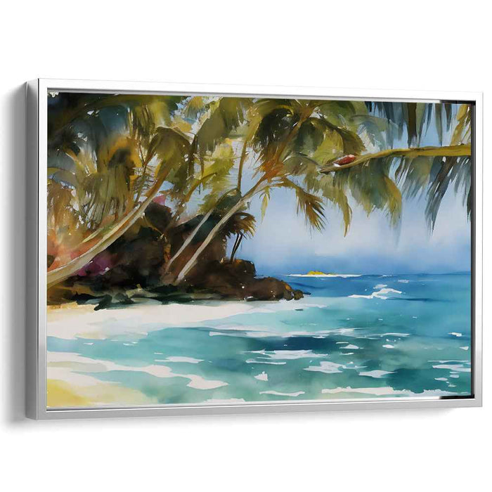 Verdant Coastline Serenity: Lush Palm Beach Watercolor Landscape