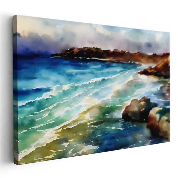 Tranquil Azure Horizon Painting: Serene Blue Seascape Watercolor Canvas Art