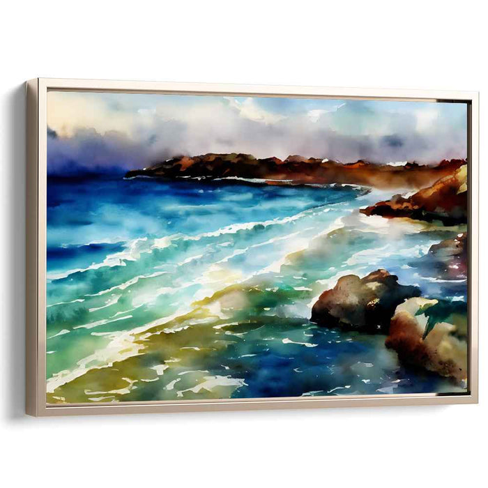 Tranquil Azure Horizon Painting: Serene Blue Seascape Watercolor Canvas Art