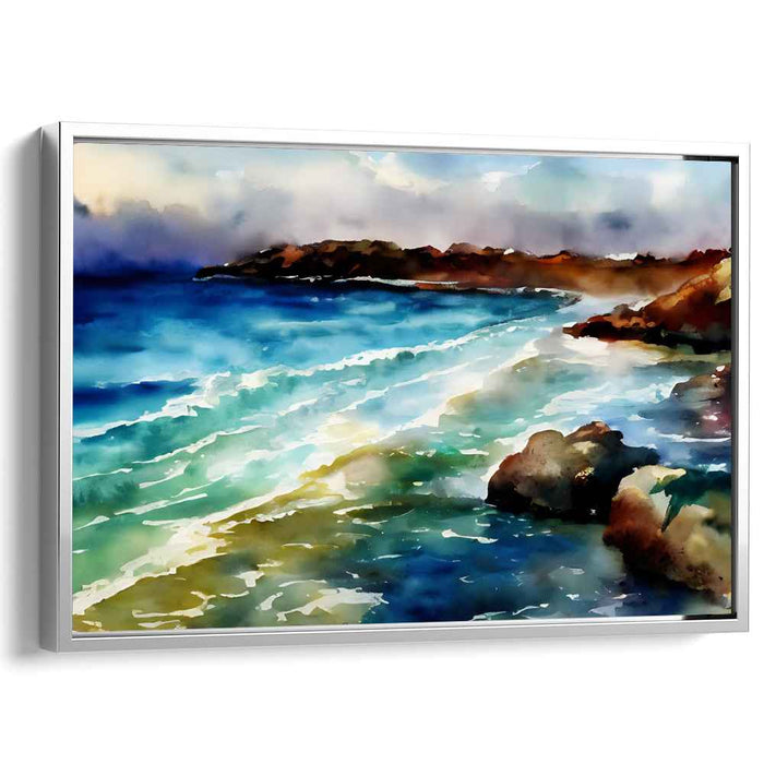 Tranquil Azure Horizon Painting: Serene Blue Seascape Watercolor Canvas Art