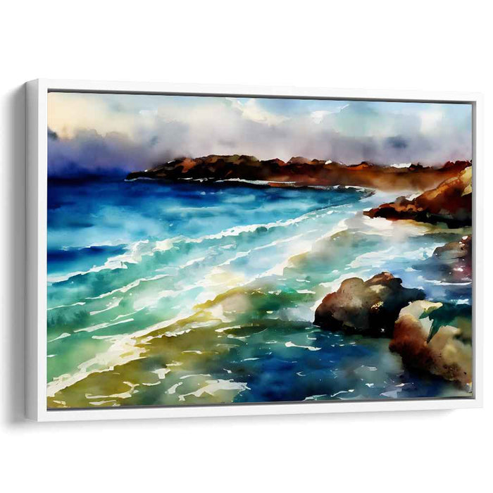Tranquil Azure Horizon Painting: Serene Blue Seascape Watercolor Canvas Art