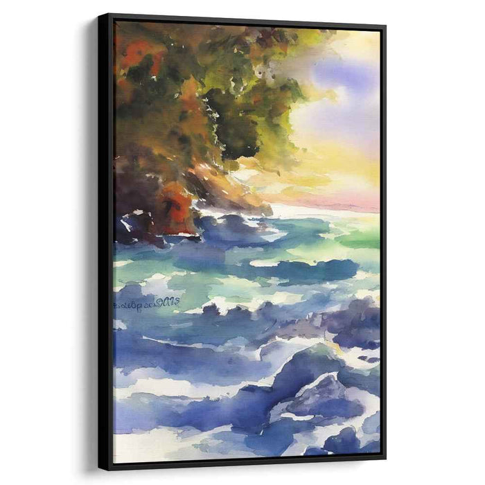 Tranquil Echoes in Vivid Hues: Serene Sunset and Rocky Shore Watercolor Painting