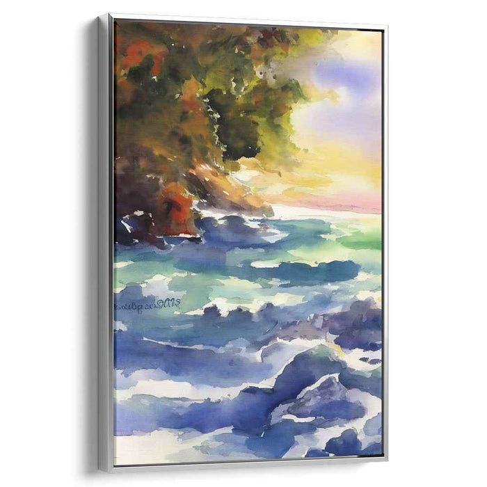 Tranquil Echoes in Vivid Hues: Serene Sunset and Rocky Shore Watercolor Painting