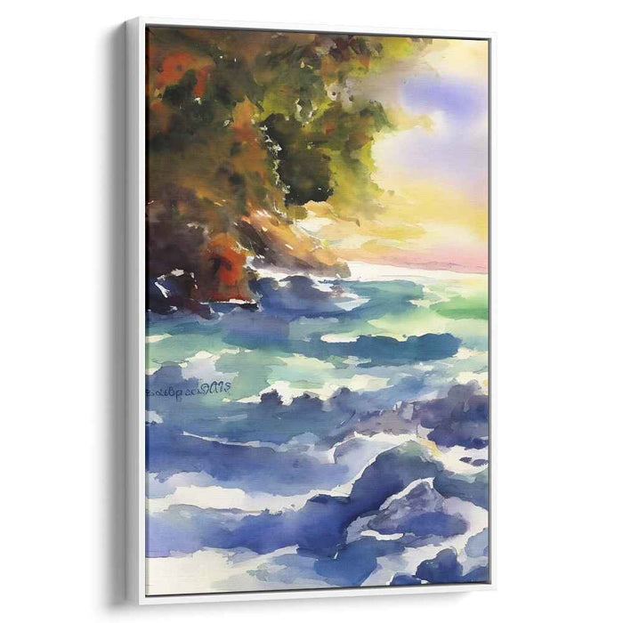 Tranquil Echoes in Vivid Hues: Serene Sunset and Rocky Shore Watercolor Painting